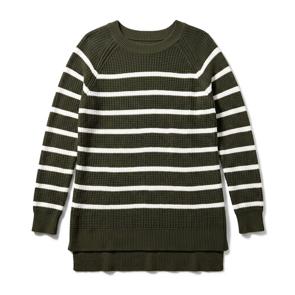 Old Navy M Womens Olive Green Cream Striped Waffle Knit Sweater Casual Cozy Boho